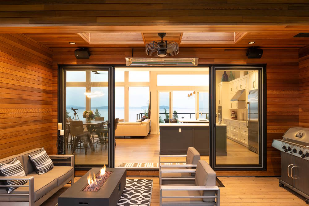 home interior with wood and ocean view